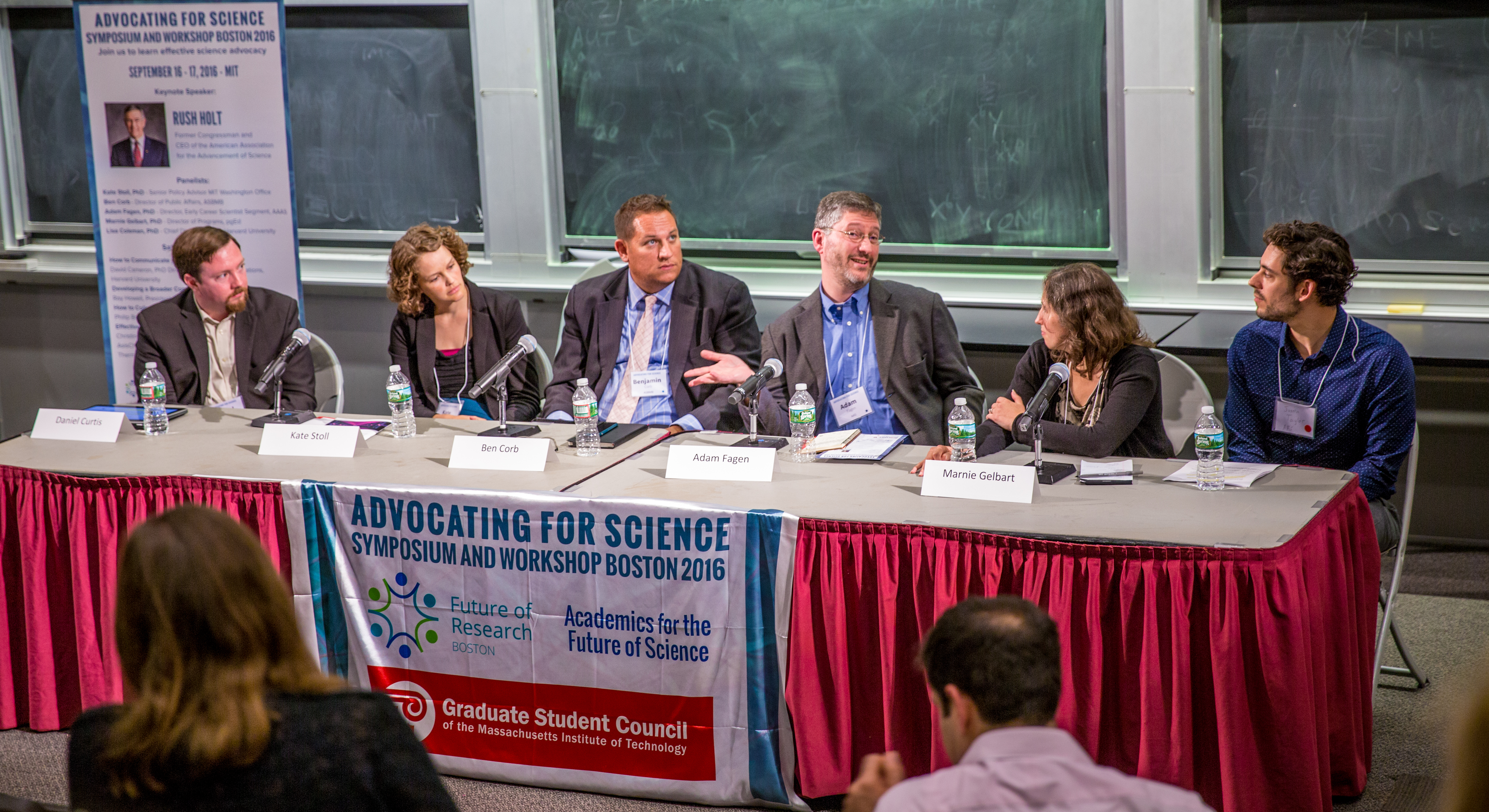 Science advocacy panel. From left: moderator Daniel Curtis, MIT Office Senior Policy Advisor: Dr. Kate Stoll, ASBMB Director of Public Affairs: Ben Corb, Director of the Early Career Scientist Segment at AAAS: Dr. Adam Fagen, Director of Programs for pgEd: Dr. Marnie Gilbert, and moderator Justin Taylor. Photo by Alina Chan.